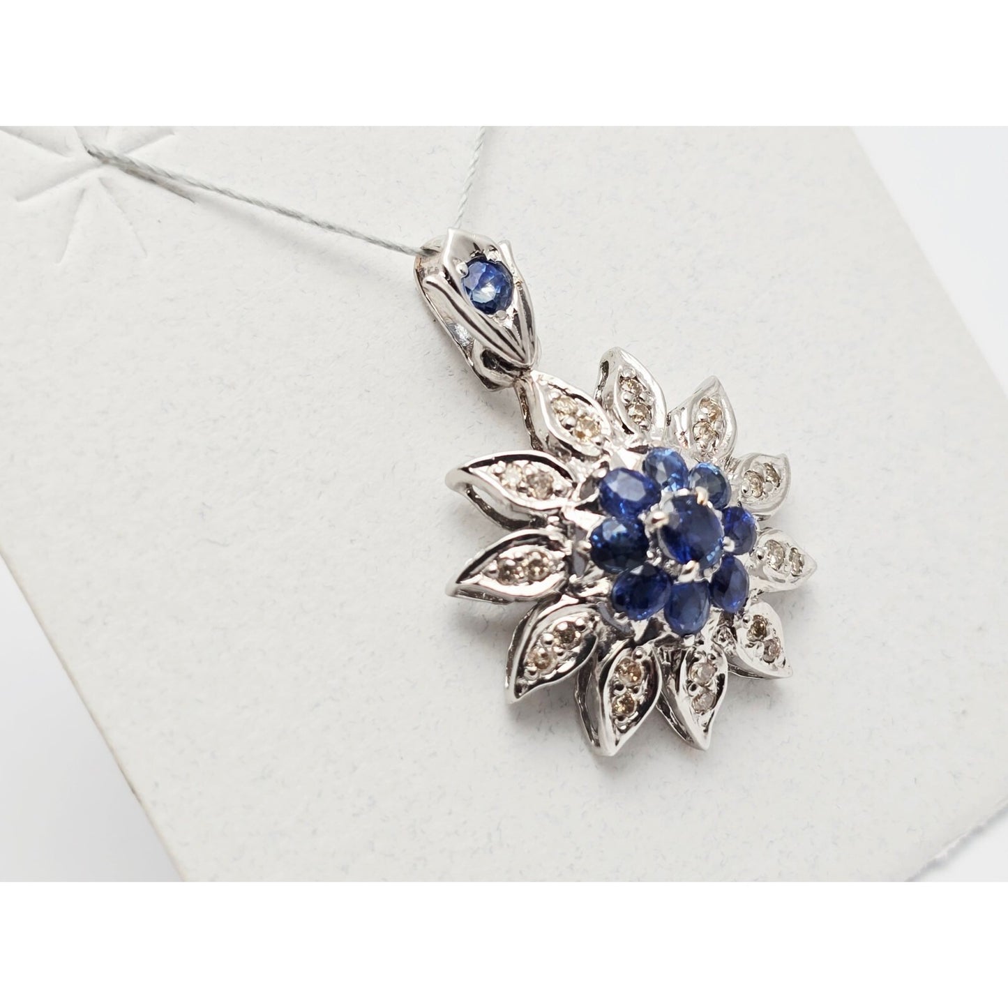 14K White Gold Sapphire & Diamond Flower Charm Pendant