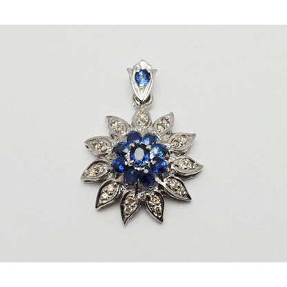 14K White Gold Sapphire & Diamond Flower Charm Pendant