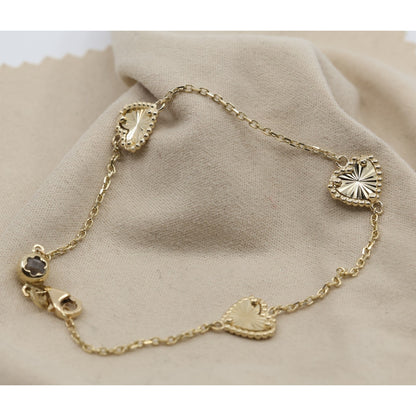 14K Yellow Gold Diamond Cut Heart Charm Link Bracelet