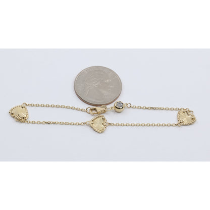 14K Yellow Gold Diamond Cut Heart Charm Link Bracelet