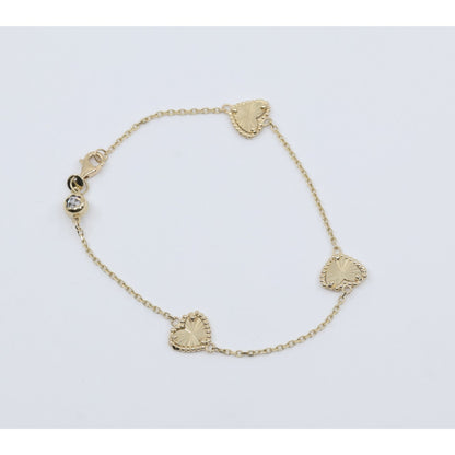 14K Yellow Gold Diamond Cut Heart Charm Link Bracelet