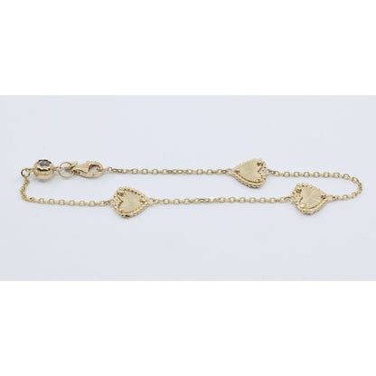14K Yellow Gold Diamond Cut Heart Charm Link Bracelet