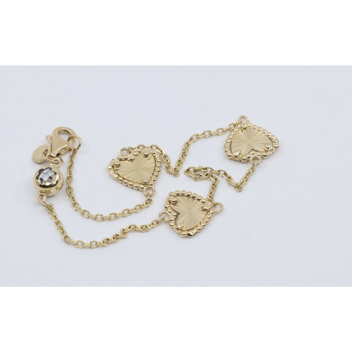 14K Yellow Gold Diamond Cut Heart Charm Link Bracelet
