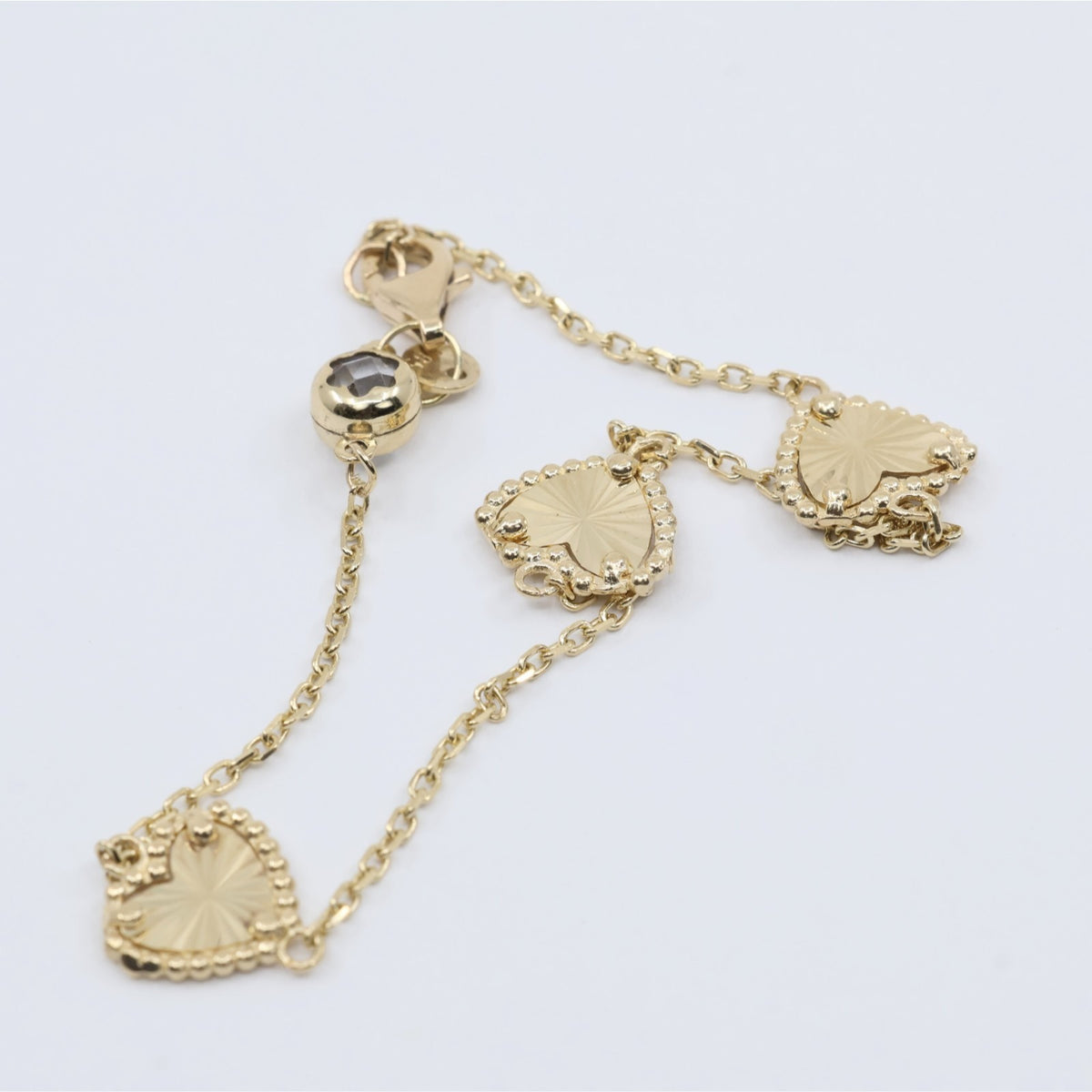 14K Yellow Gold Diamond Cut Heart Charm Link Bracelet