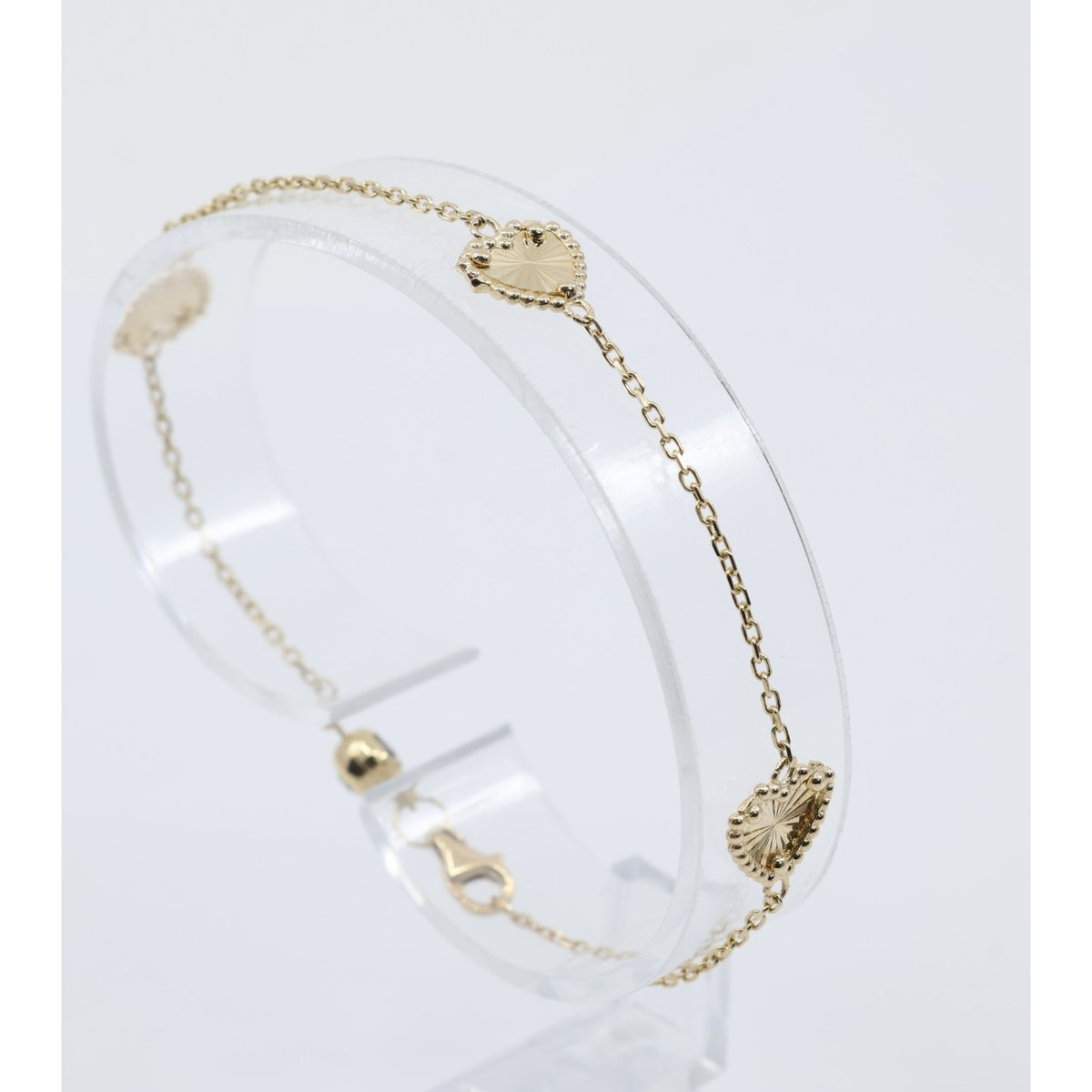 14K Yellow Gold Diamond Cut Heart Charm Link Bracelet