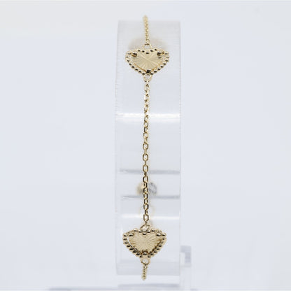 14K Yellow Gold Diamond Cut Heart Charm Link Bracelet