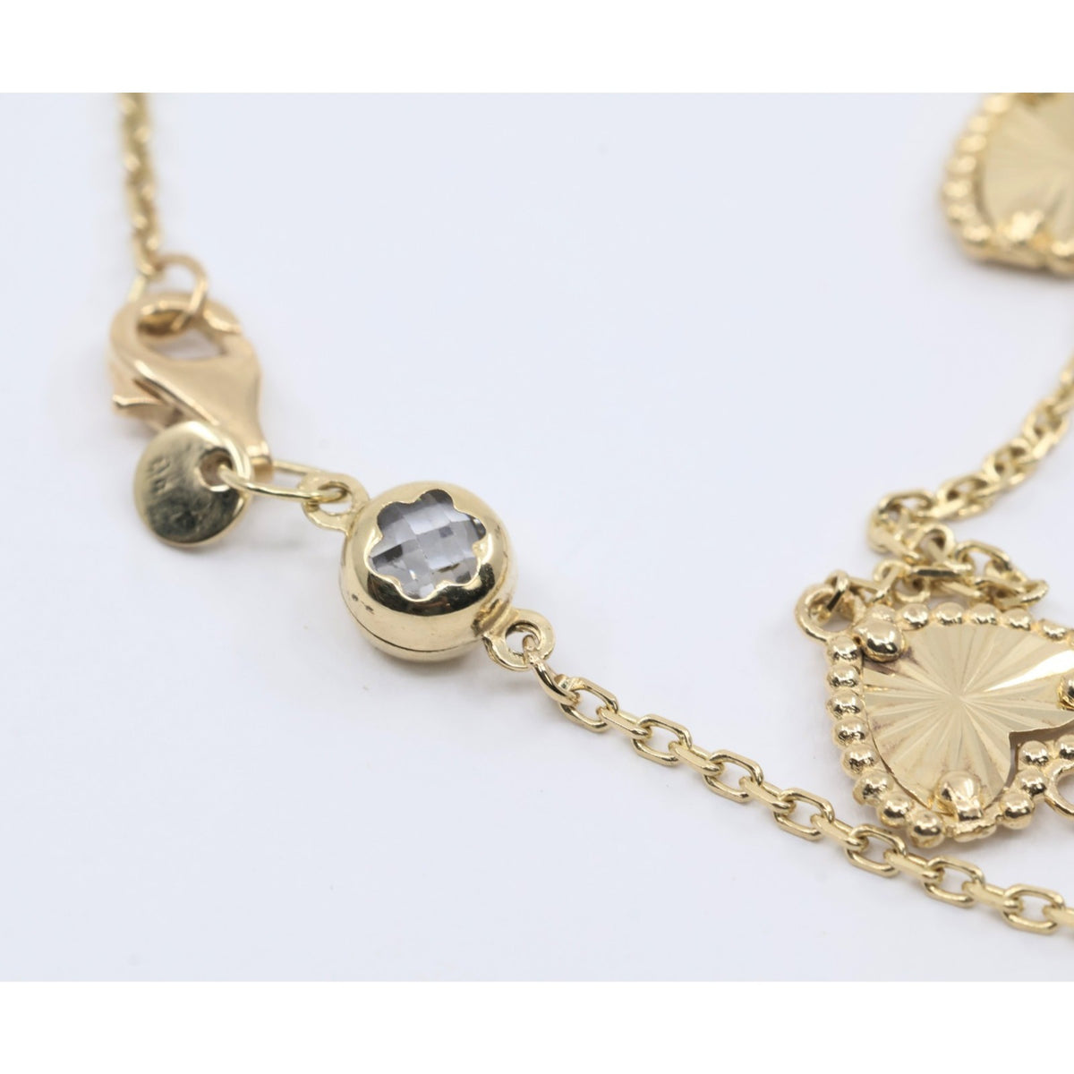 14K Yellow Gold Diamond Cut Heart Charm Link Bracelet