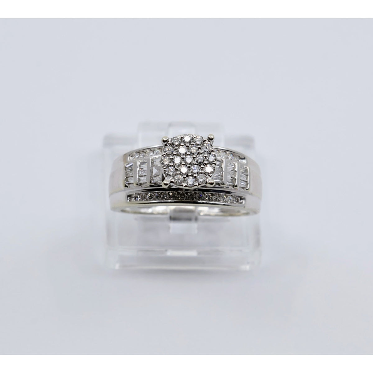 10K White Gold Round & Baguette Diamond Cluster Bridal Wedding Ring