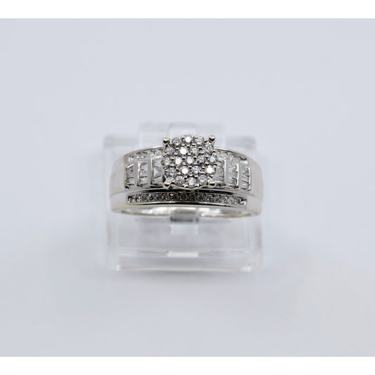 10K White Gold Round & Baguette Diamond Cluster Bridal Wedding Ring