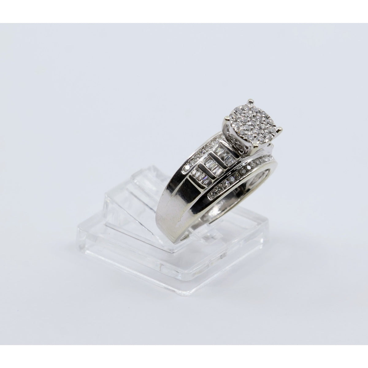 10K White Gold Round & Baguette Diamond Cluster Bridal Wedding Ring