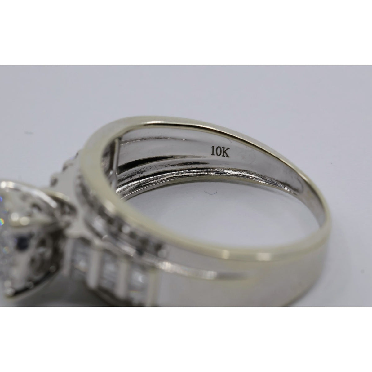 10K White Gold Round & Baguette Diamond Cluster Bridal Wedding Ring