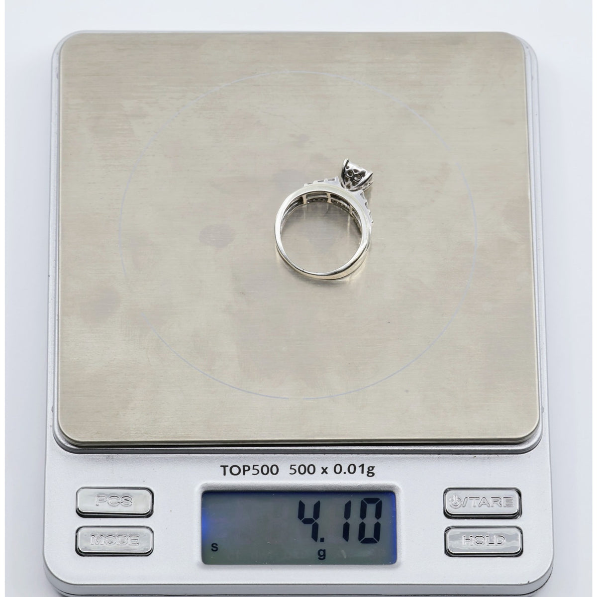 10K White Gold Round & Baguette Diamond Cluster Bridal Wedding Ring