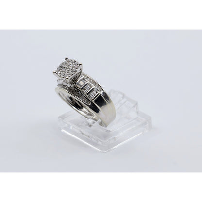 10K White Gold Round & Baguette Diamond Cluster Bridal Wedding Ring