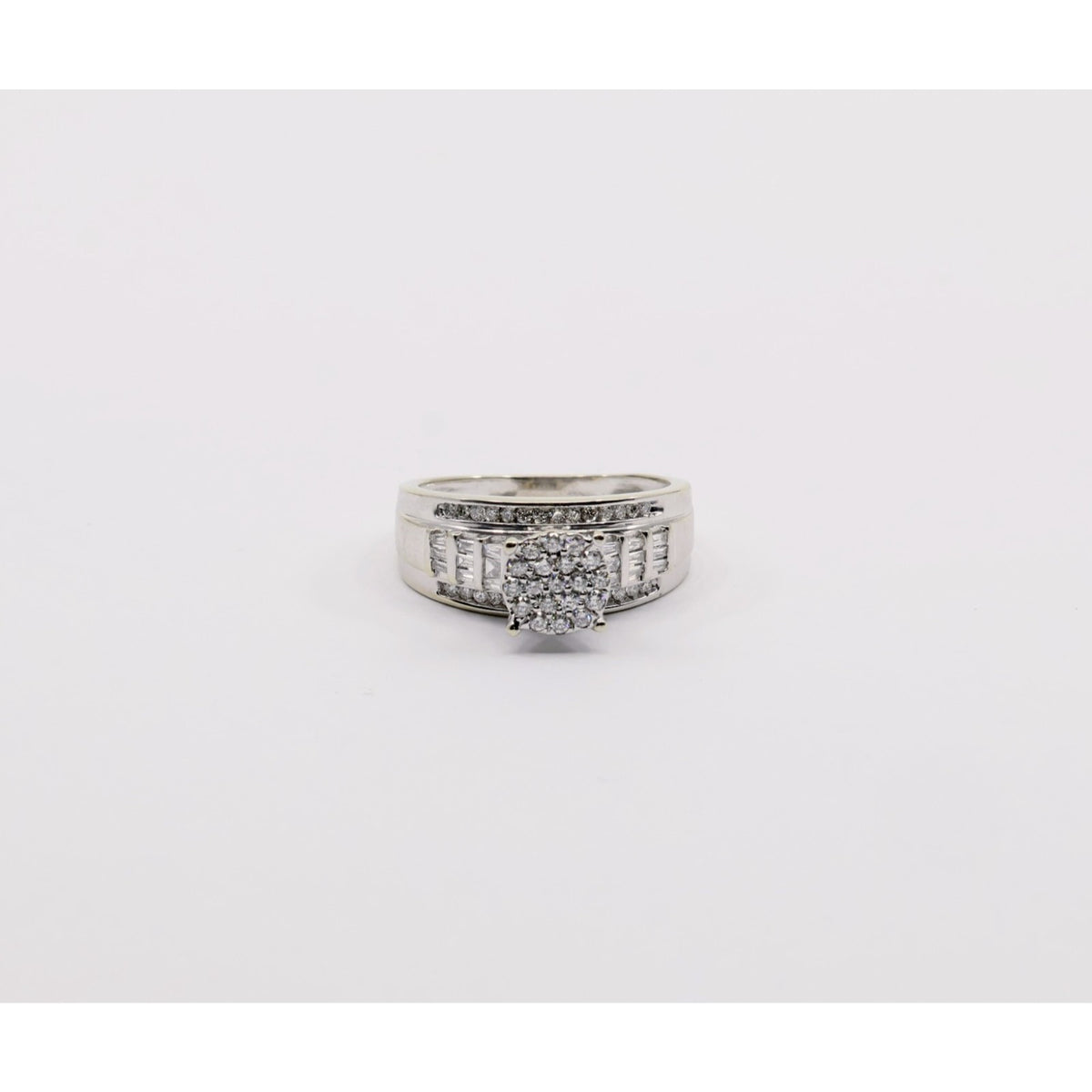 10K White Gold Round & Baguette Diamond Cluster Bridal Wedding Ring
