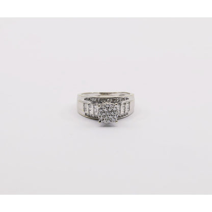 10K White Gold Round & Baguette Diamond Cluster Bridal Wedding Ring