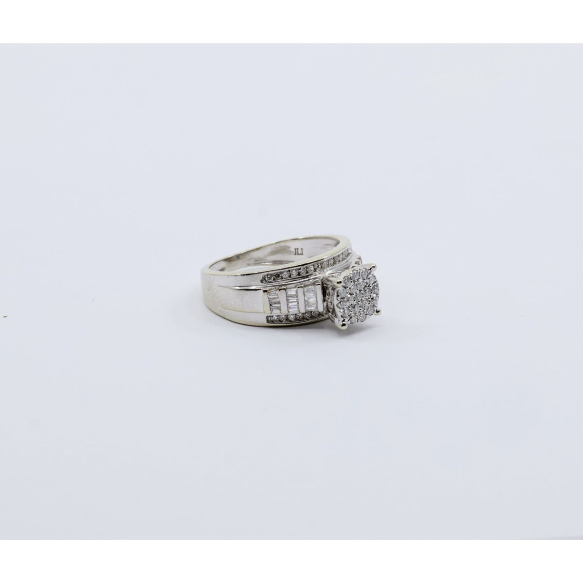 10K White Gold Round & Baguette Diamond Cluster Bridal Wedding Ring