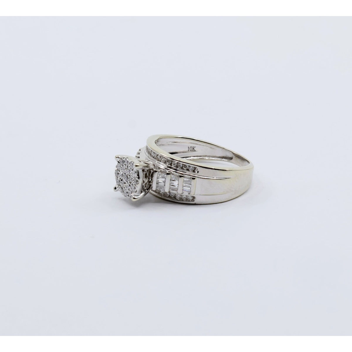10K White Gold Round & Baguette Diamond Cluster Bridal Wedding Ring