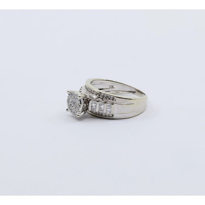 10K White Gold Round & Baguette Diamond Cluster Bridal Wedding Ring