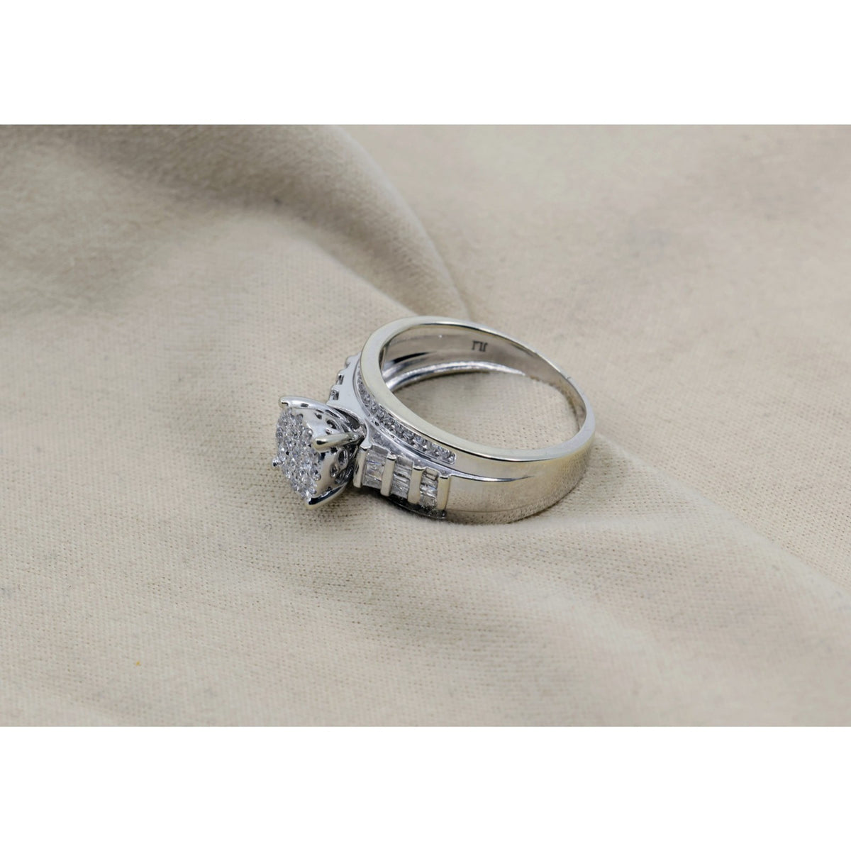 10K White Gold Round & Baguette Diamond Cluster Bridal Wedding Ring