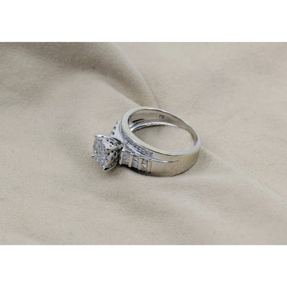 10K White Gold Round & Baguette Diamond Cluster Bridal Wedding Ring