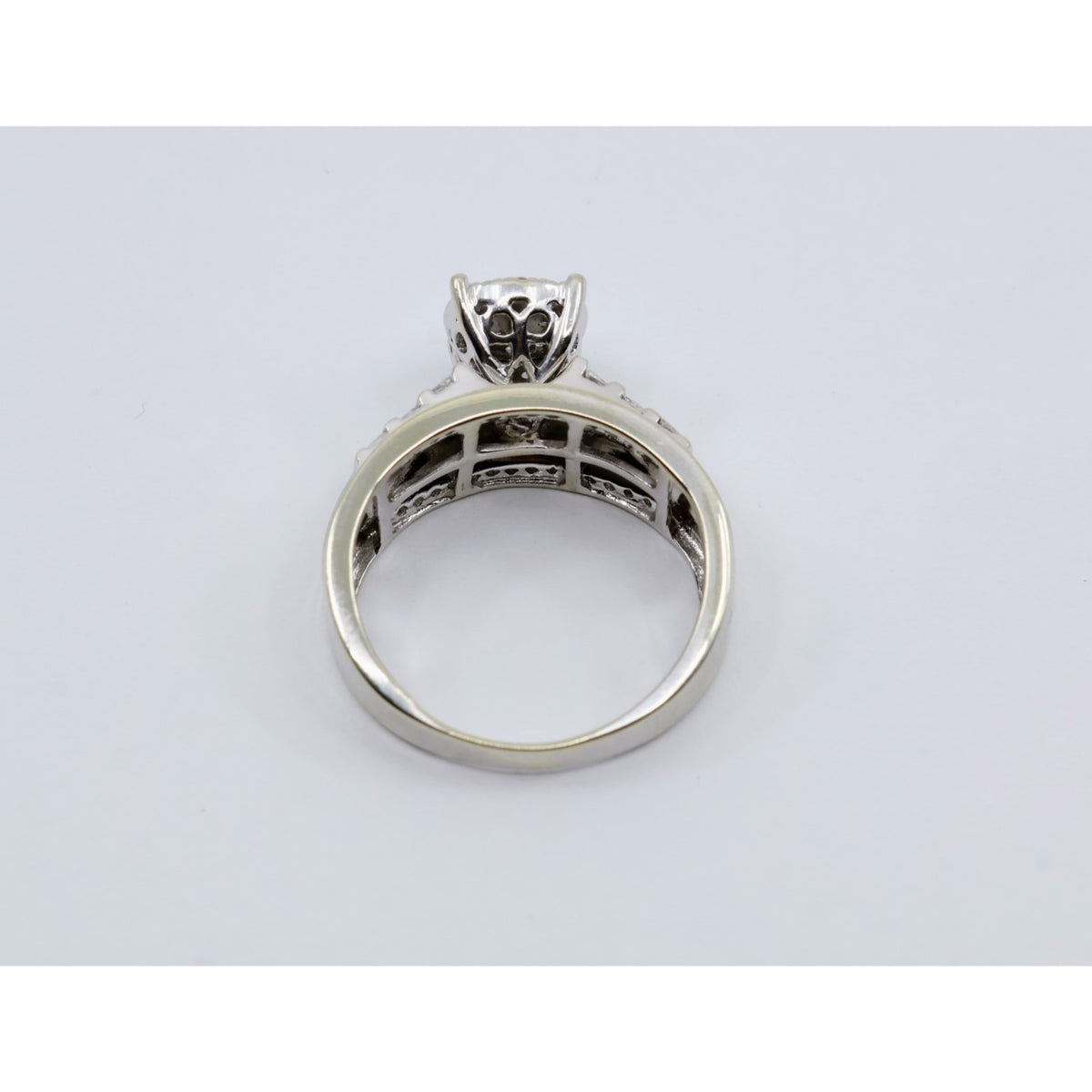 10K White Gold Round & Baguette Diamond Cluster Bridal Wedding Ring