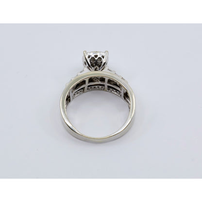 10K White Gold Round & Baguette Diamond Cluster Bridal Wedding Ring