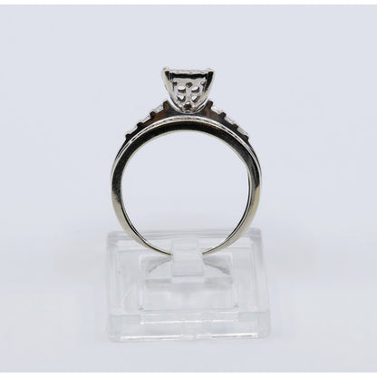 10K White Gold Round & Baguette Diamond Cluster Bridal Wedding Ring