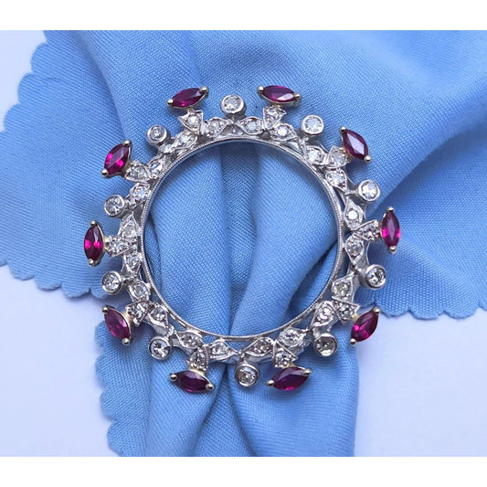 Vintage 14K White Gold Ruby & Diamond Round Brooch Pin