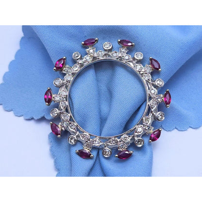 Vintage 14K White Gold Ruby & Diamond Round Brooch Pin