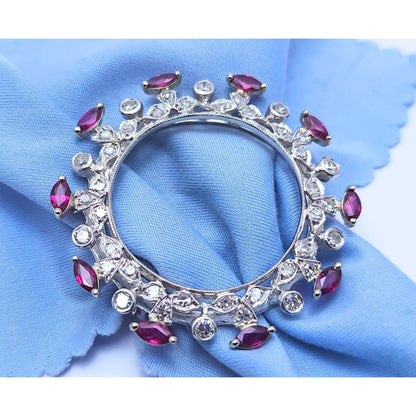 Vintage 14K White Gold Ruby & Diamond Round Brooch Pin