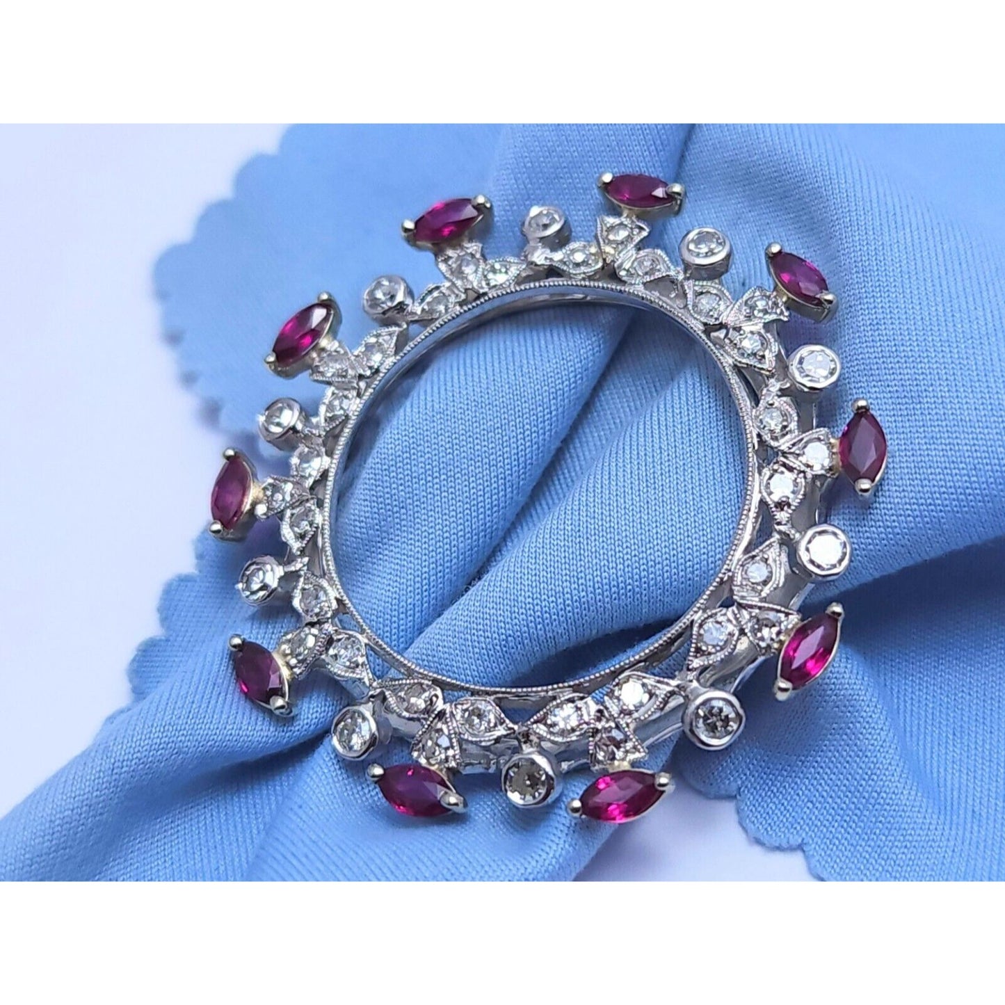 Vintage 14K White Gold Ruby & Diamond Round Brooch Pin