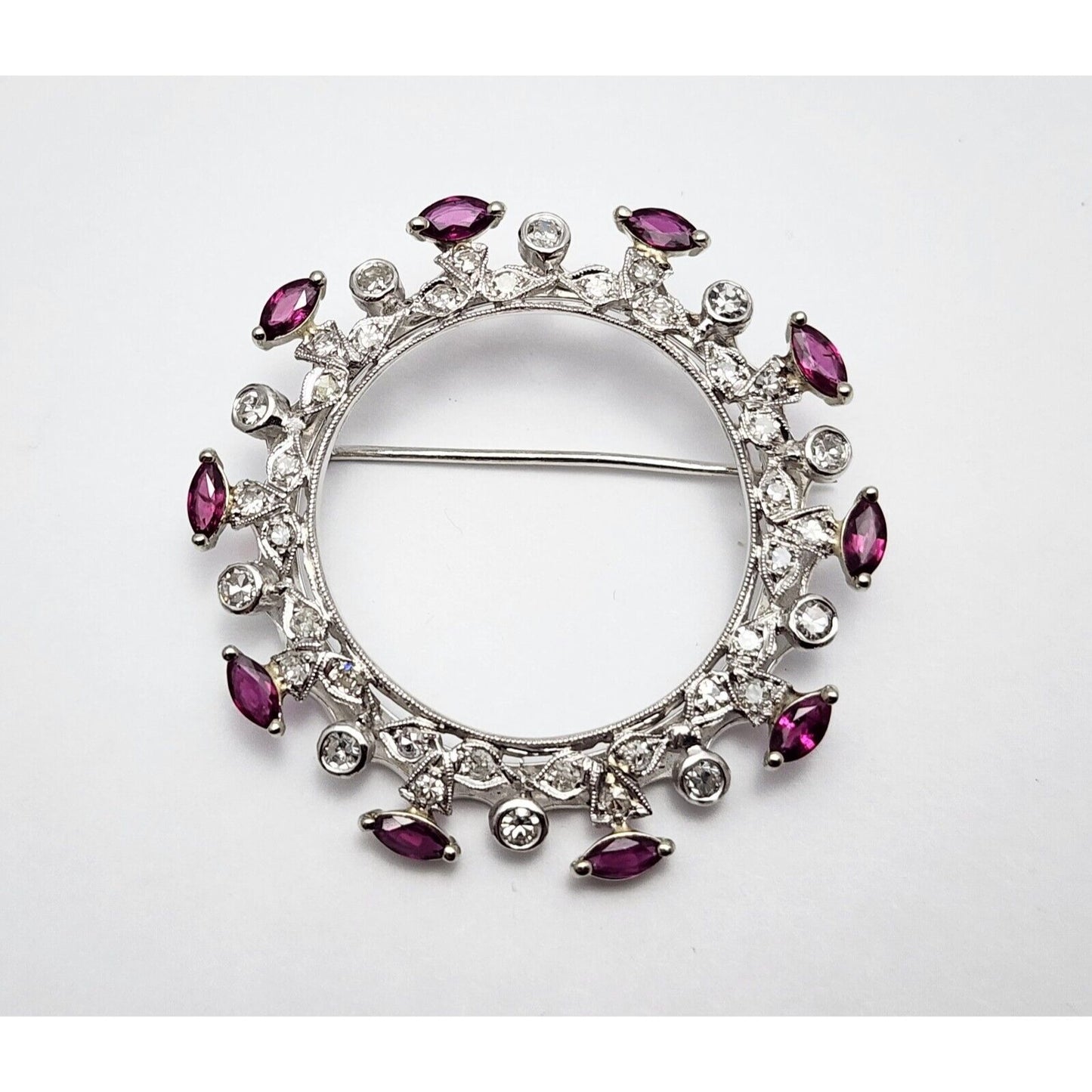 Vintage 14K White Gold Ruby & Diamond Round Brooch Pin