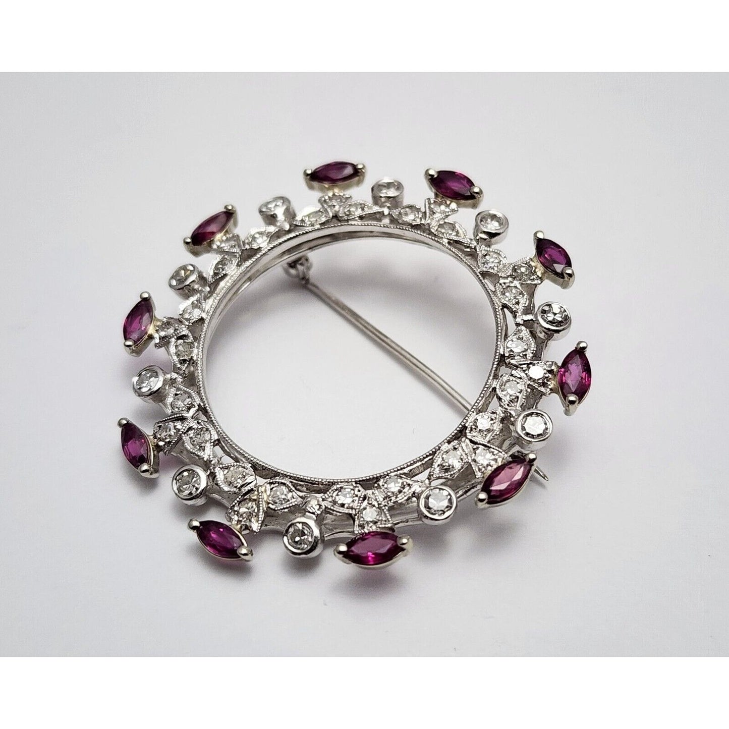 Vintage 14K White Gold Ruby & Diamond Round Brooch Pin