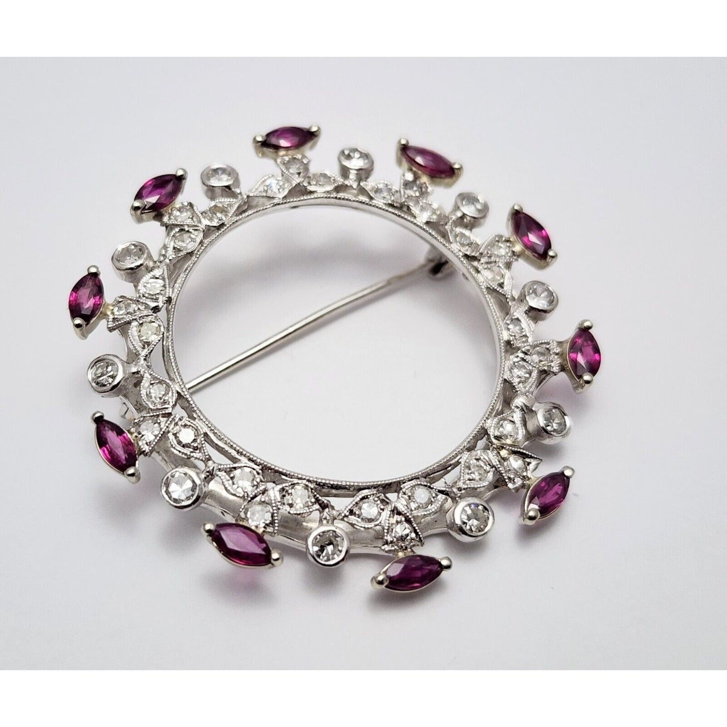 Vintage 14K White Gold Ruby & Diamond Round Brooch Pin