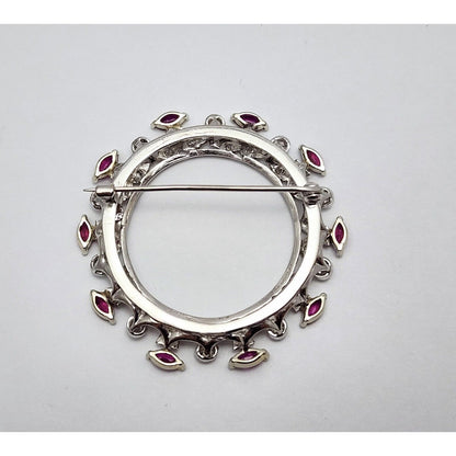 Vintage 14K White Gold Ruby & Diamond Round Brooch Pin