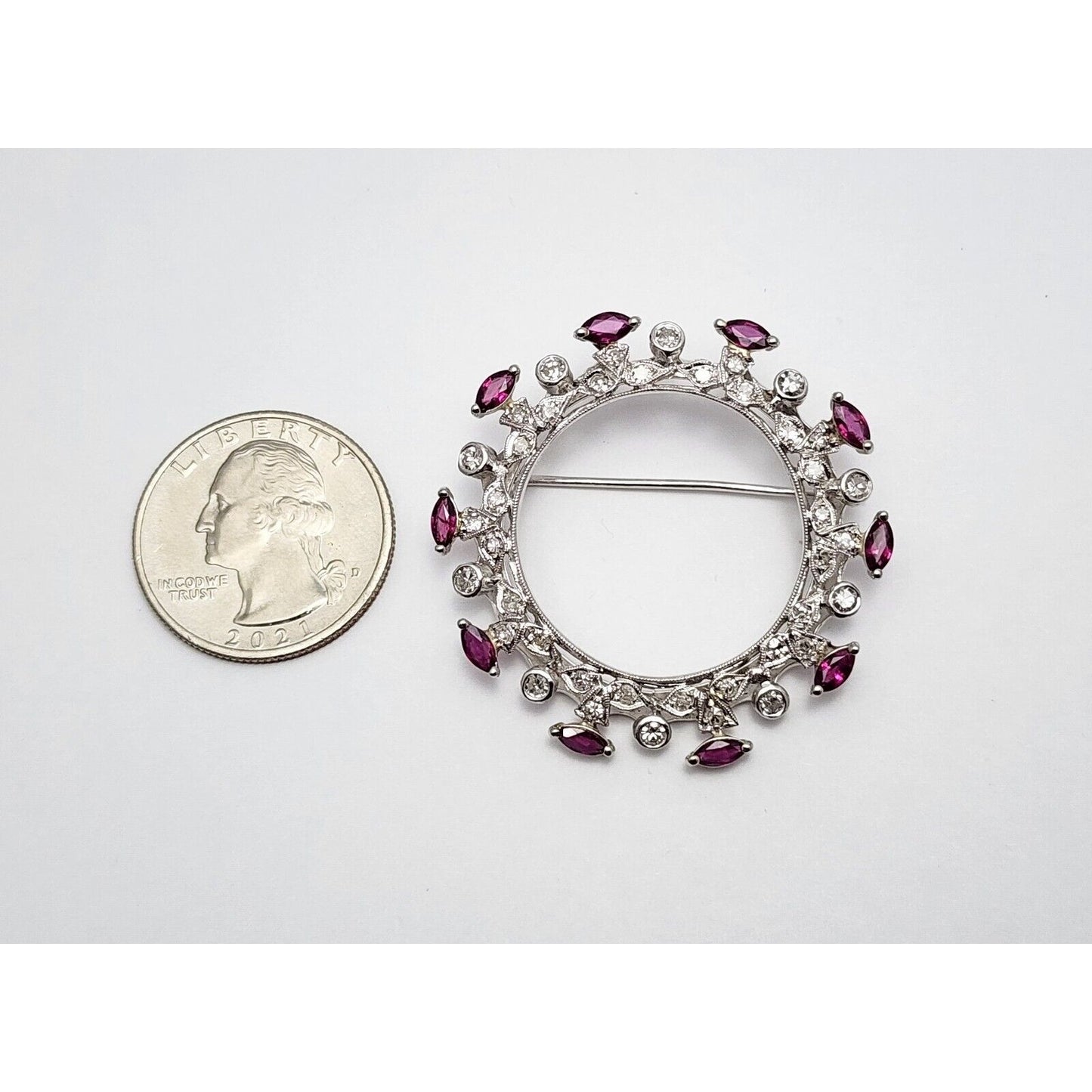 Vintage 14K White Gold Ruby & Diamond Round Brooch Pin