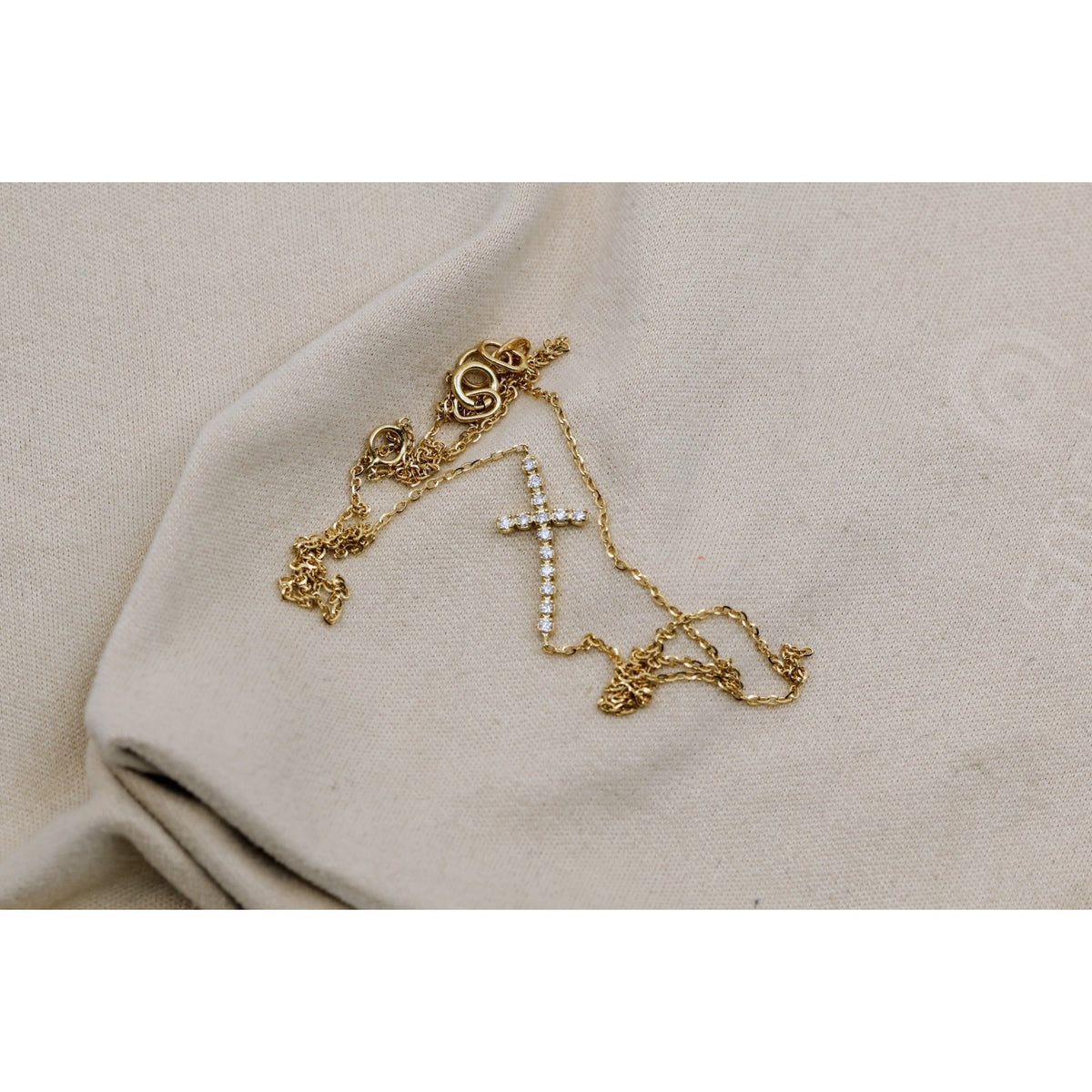 Thin 14K Yellow Gold Diamond Sideways Cross Pendant Resizable Chain Necklace