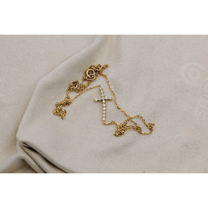 Thin 14K Yellow Gold Diamond Sideways Cross Pendant Resizable Chain Necklace