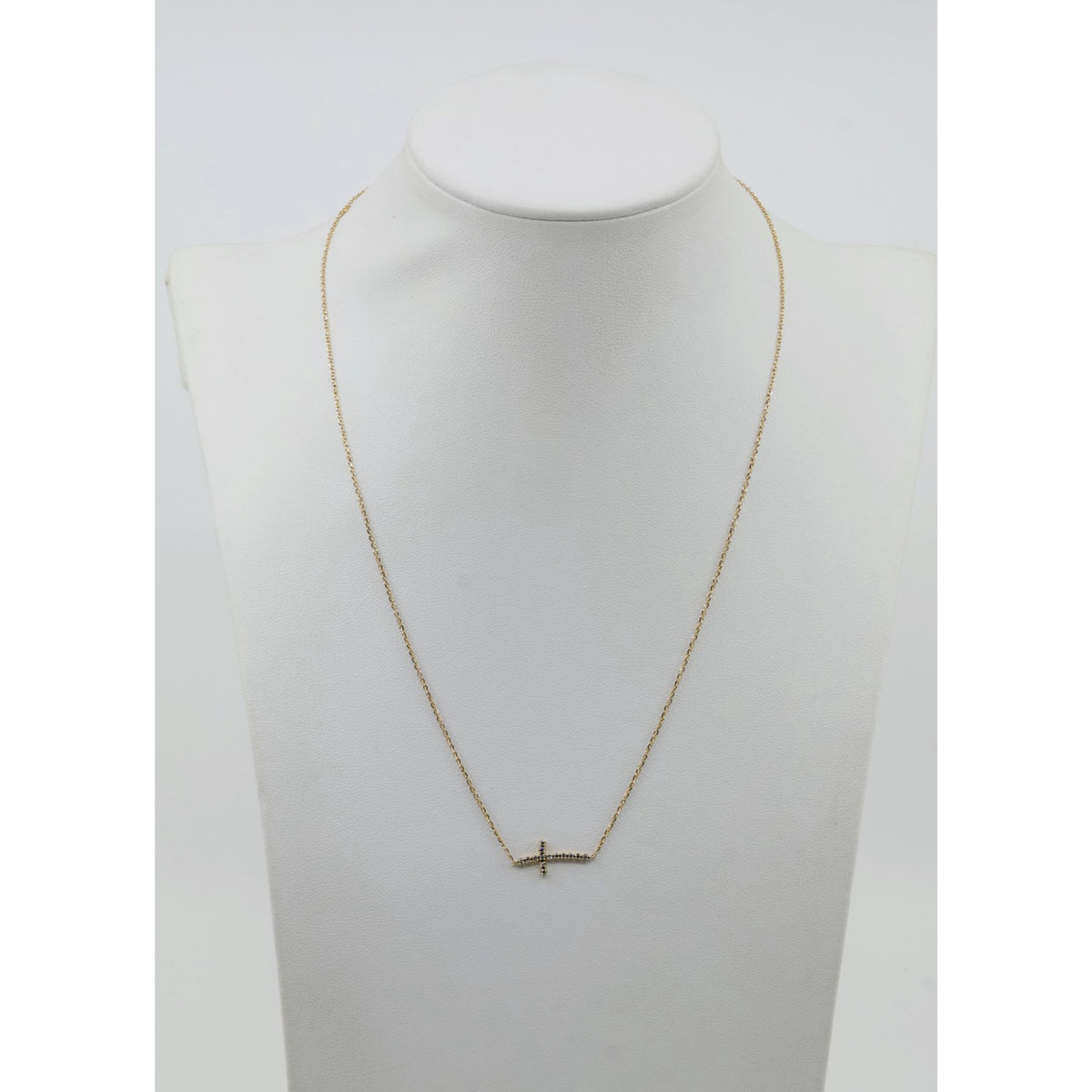 Thin 14K Yellow Gold Diamond Sideways Cross Pendant Resizable Chain Necklace
