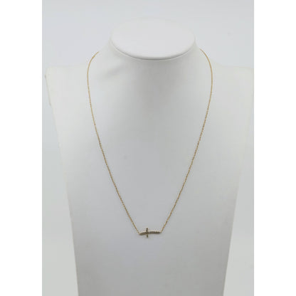 Thin 14K Yellow Gold Diamond Sideways Cross Pendant Resizable Chain Necklace