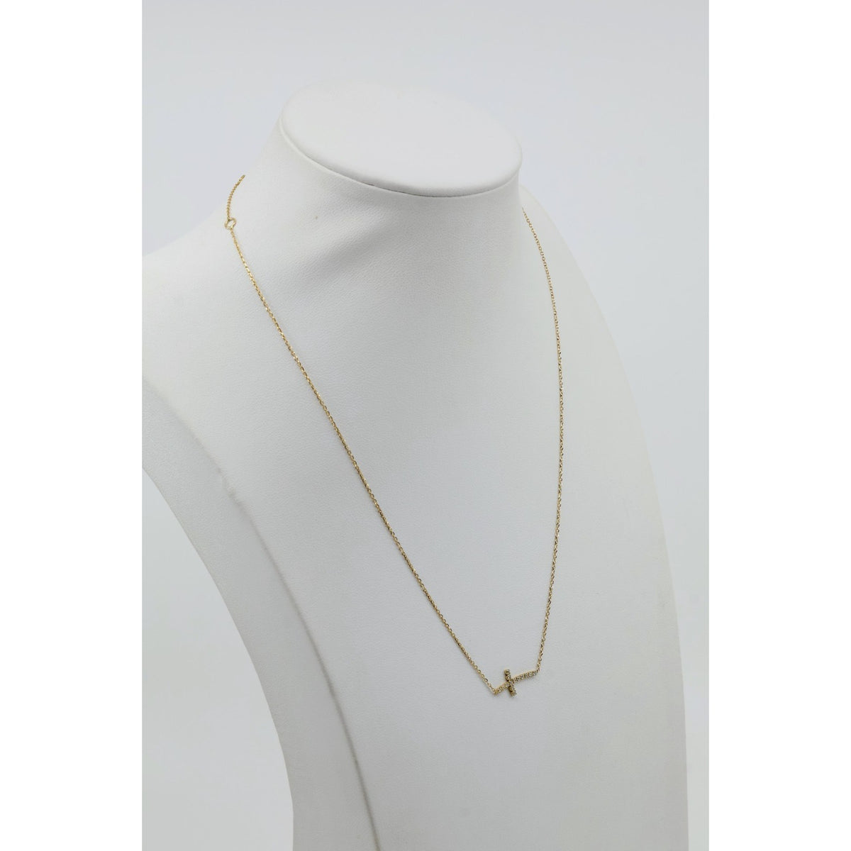 Thin 14K Yellow Gold Diamond Sideways Cross Pendant Resizable Chain Necklace