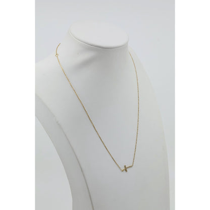 Thin 14K Yellow Gold Diamond Sideways Cross Pendant Resizable Chain Necklace