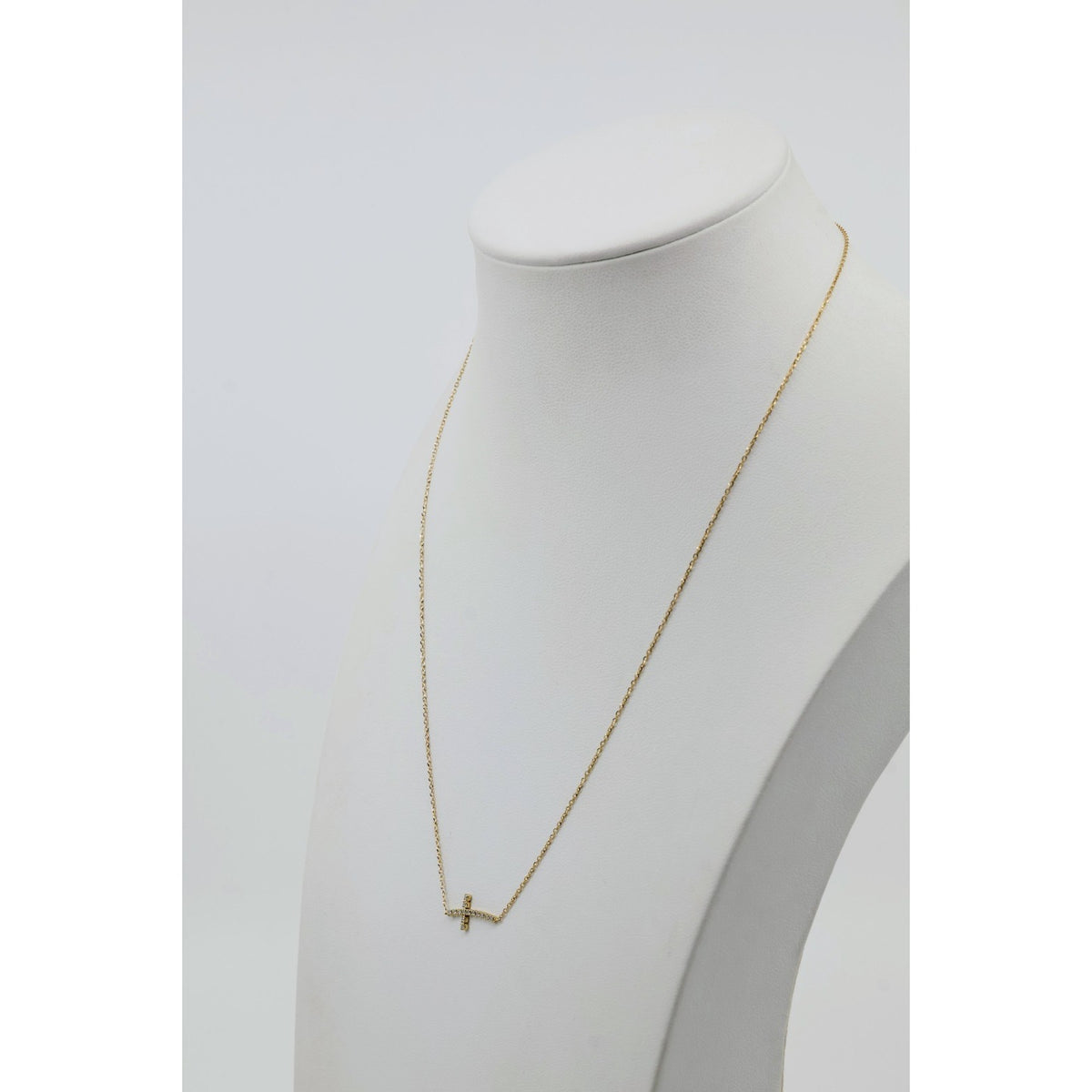 Thin 14K Yellow Gold Diamond Sideways Cross Pendant Resizable Chain Necklace