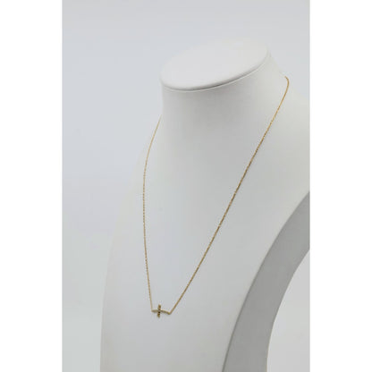 Thin 14K Yellow Gold Diamond Sideways Cross Pendant Resizable Chain Necklace