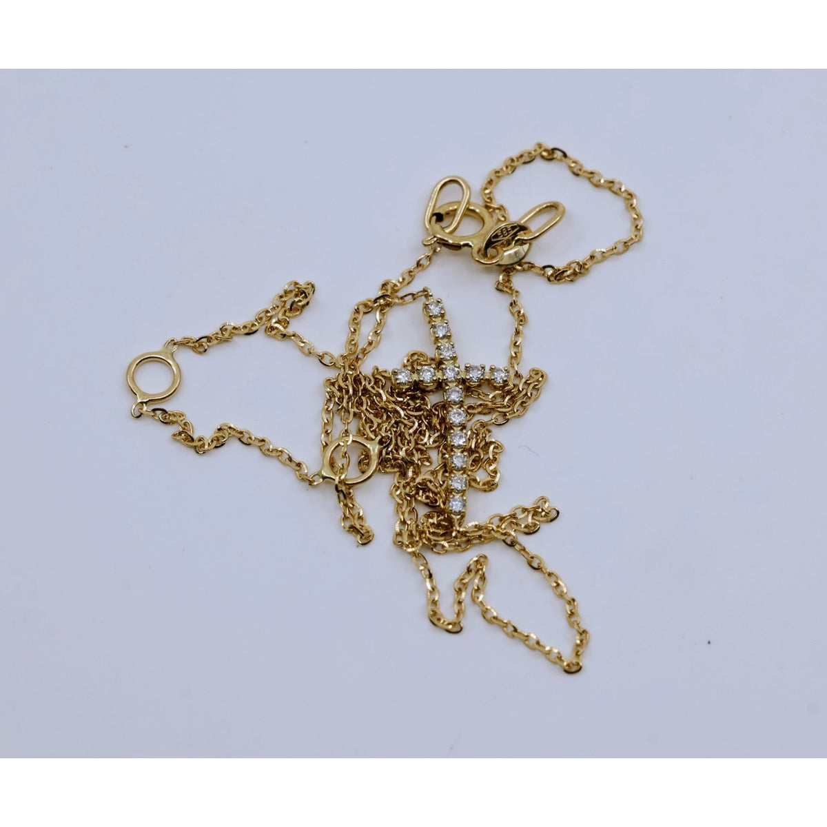 Thin 14K Yellow Gold Diamond Sideways Cross Pendant Resizable Chain Necklace