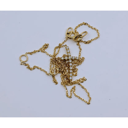 Thin 14K Yellow Gold Diamond Sideways Cross Pendant Resizable Chain Necklace