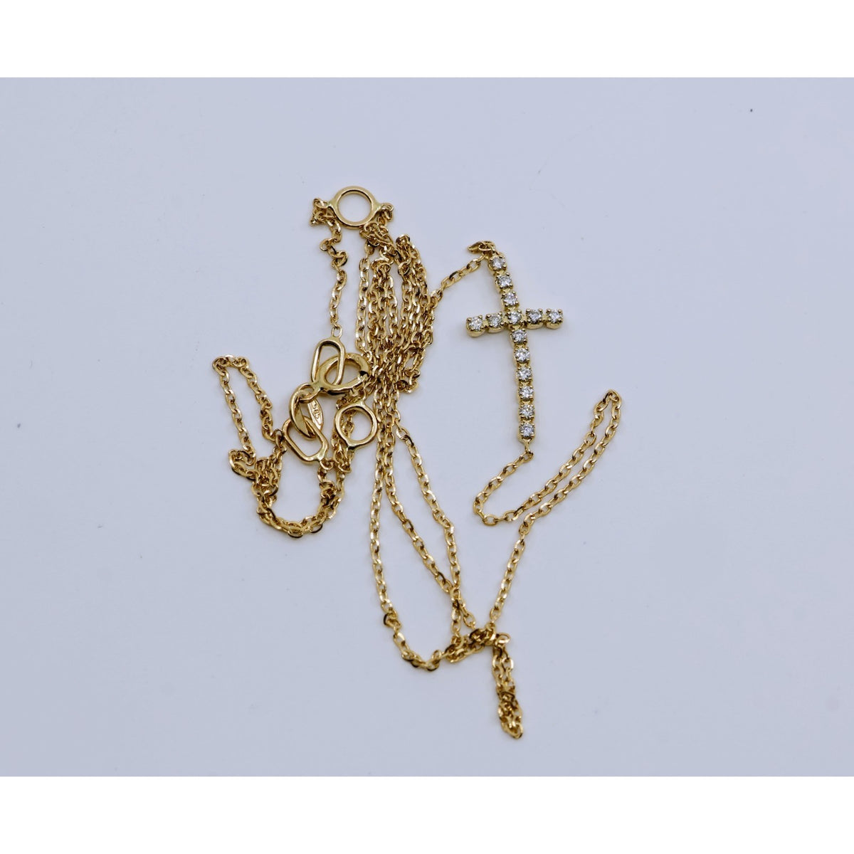 Thin 14K Yellow Gold Diamond Sideways Cross Pendant Resizable Chain Necklace