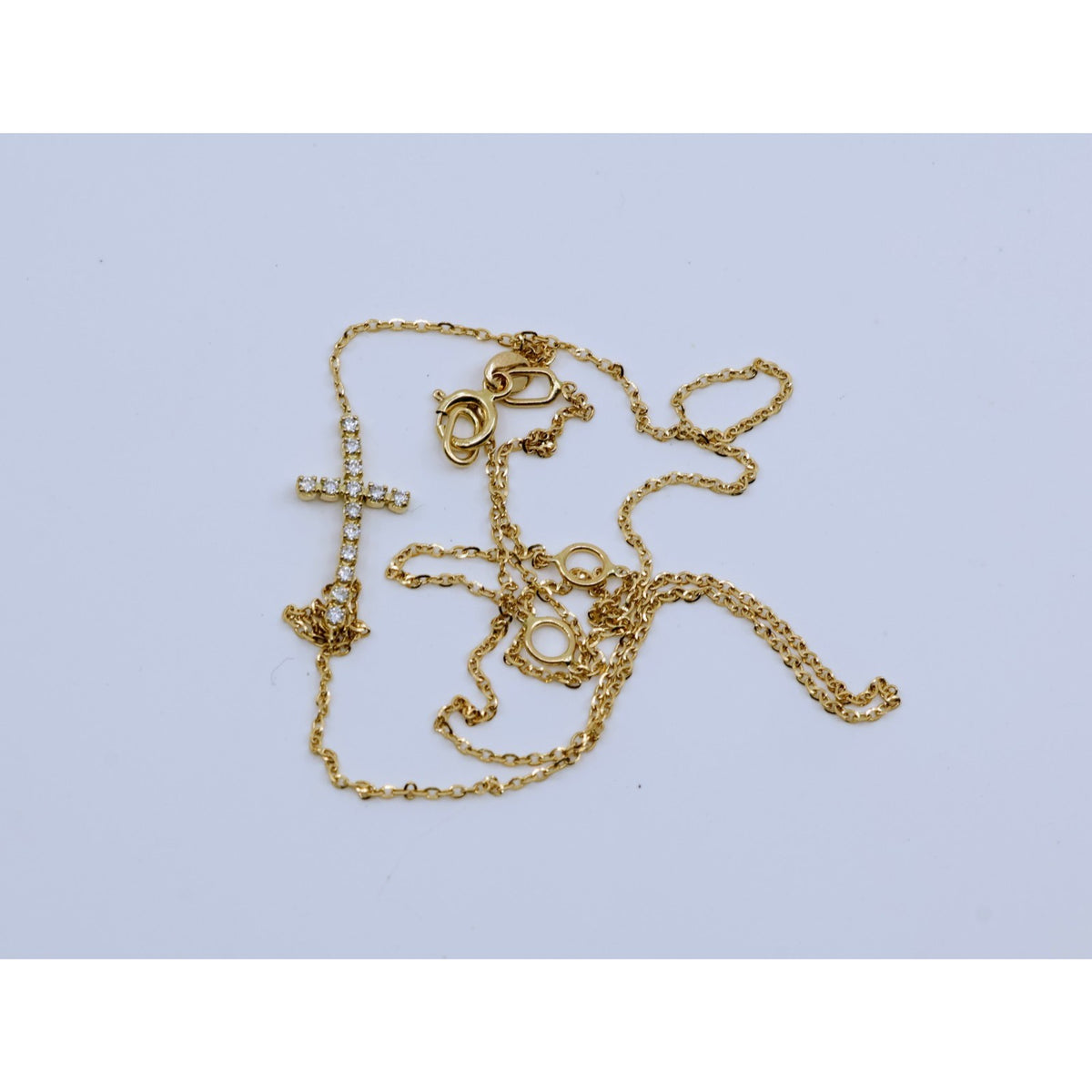 Thin 14K Yellow Gold Diamond Sideways Cross Pendant Resizable Chain Necklace