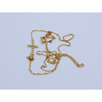 Thin 14K Yellow Gold Diamond Sideways Cross Pendant Resizable Chain Necklace