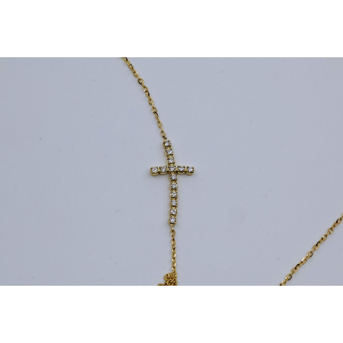 Thin 14K Yellow Gold Diamond Sideways Cross Pendant Resizable Chain Necklace